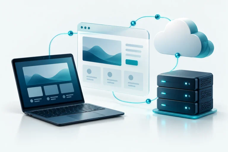 Illustration of connected websites, a laptop, cloud services and servers