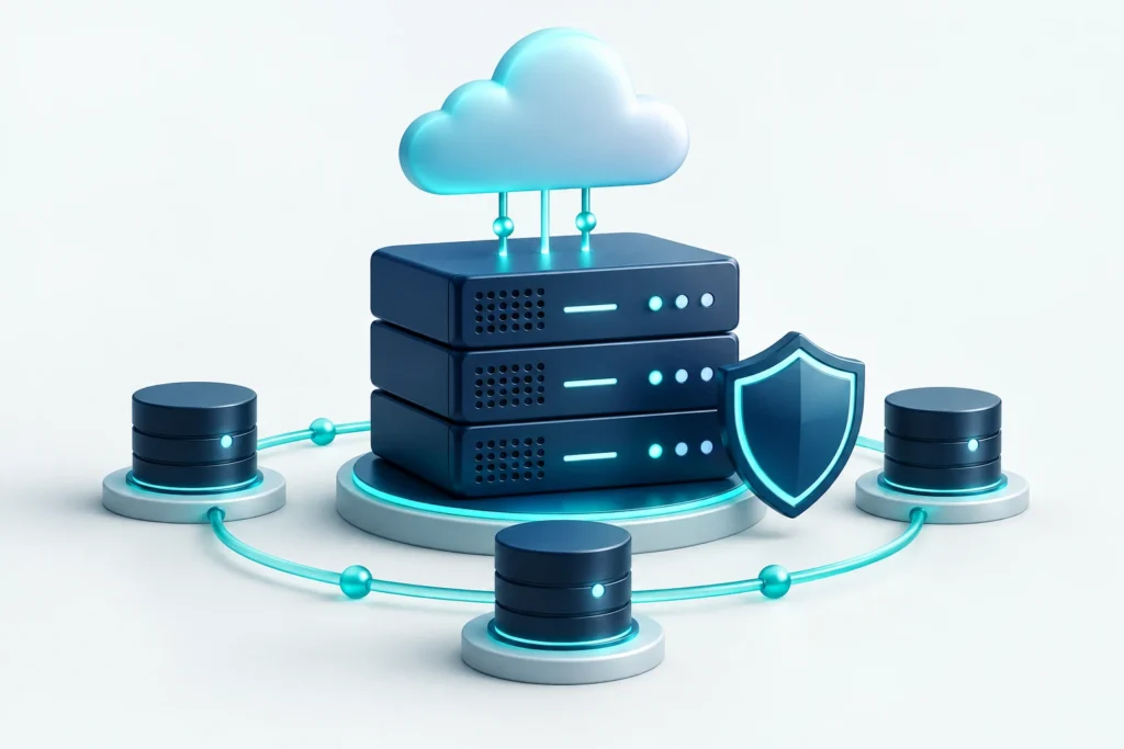 Illustration of managed hosting servers protected by a shield with cloud backups
